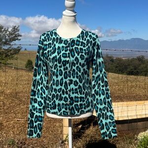 Turquoise animal print retro classic button up cardigan Newport News Medium